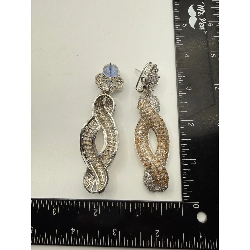 Champagne Crystal Twisted Drop Statement Earrings‎ Silver Tone Clover Post 3.5